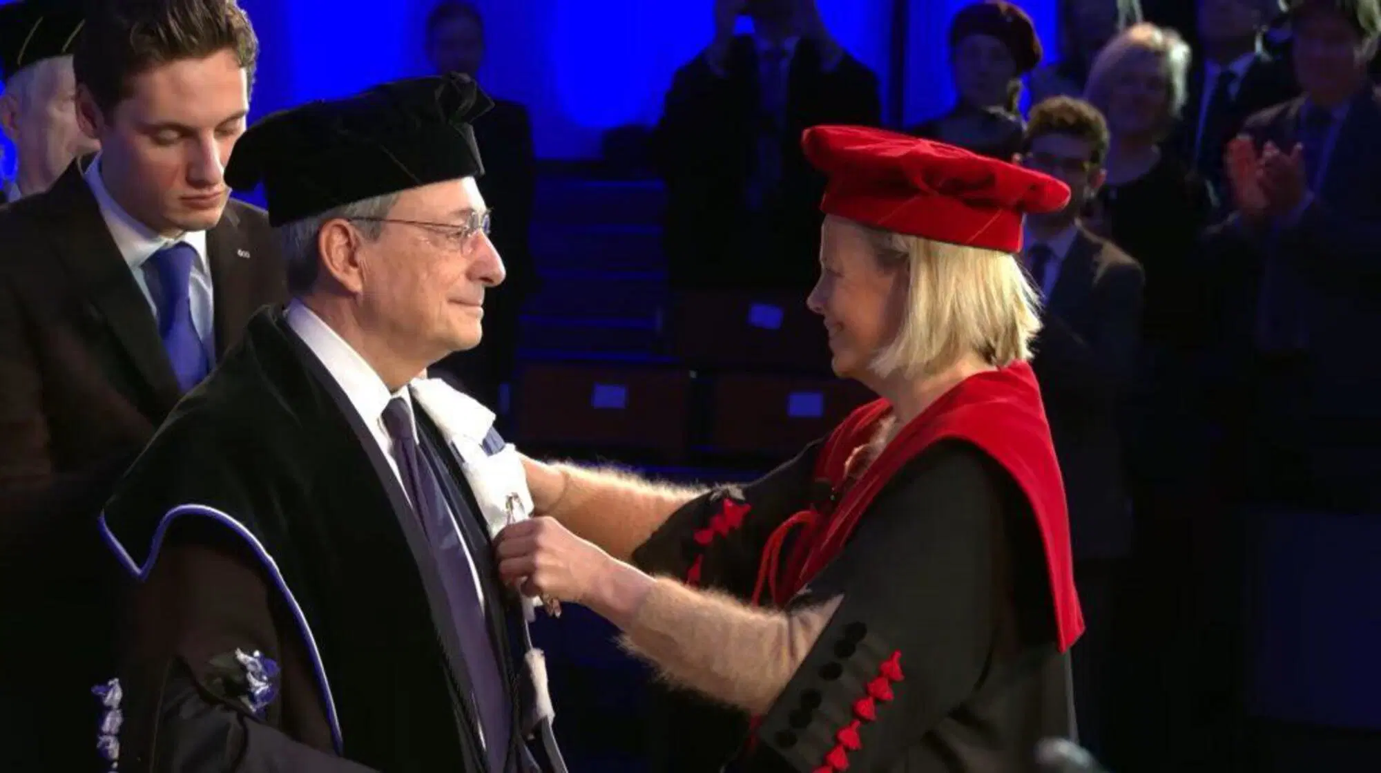 Mario Draghi all'Universit&agrave; Ku Leuven in Belgio