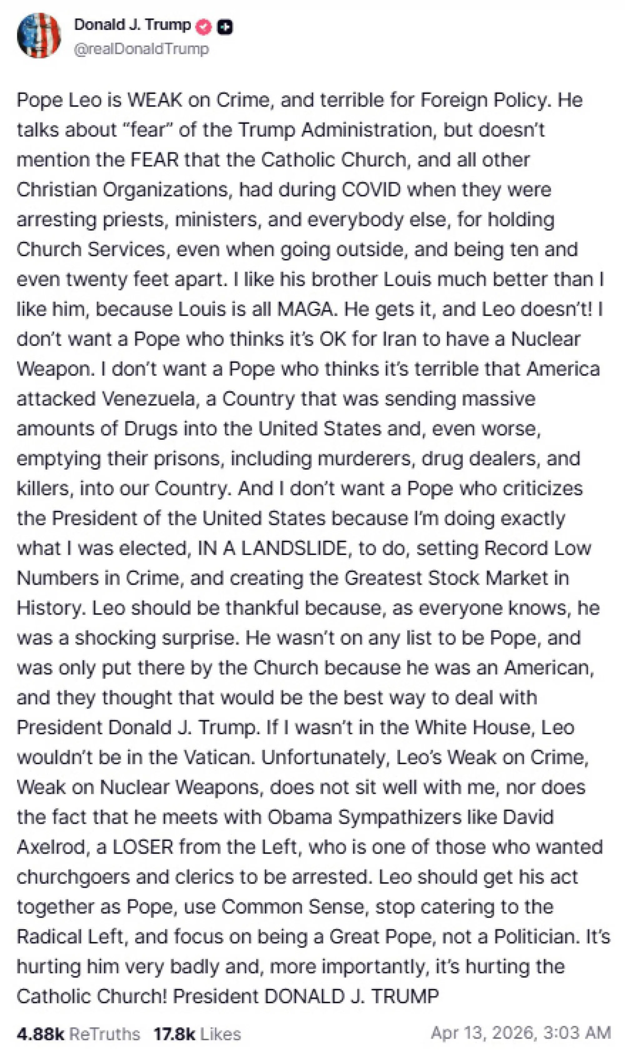 L'attacco di Donald Trump contro Papa Leone XIV su Truth