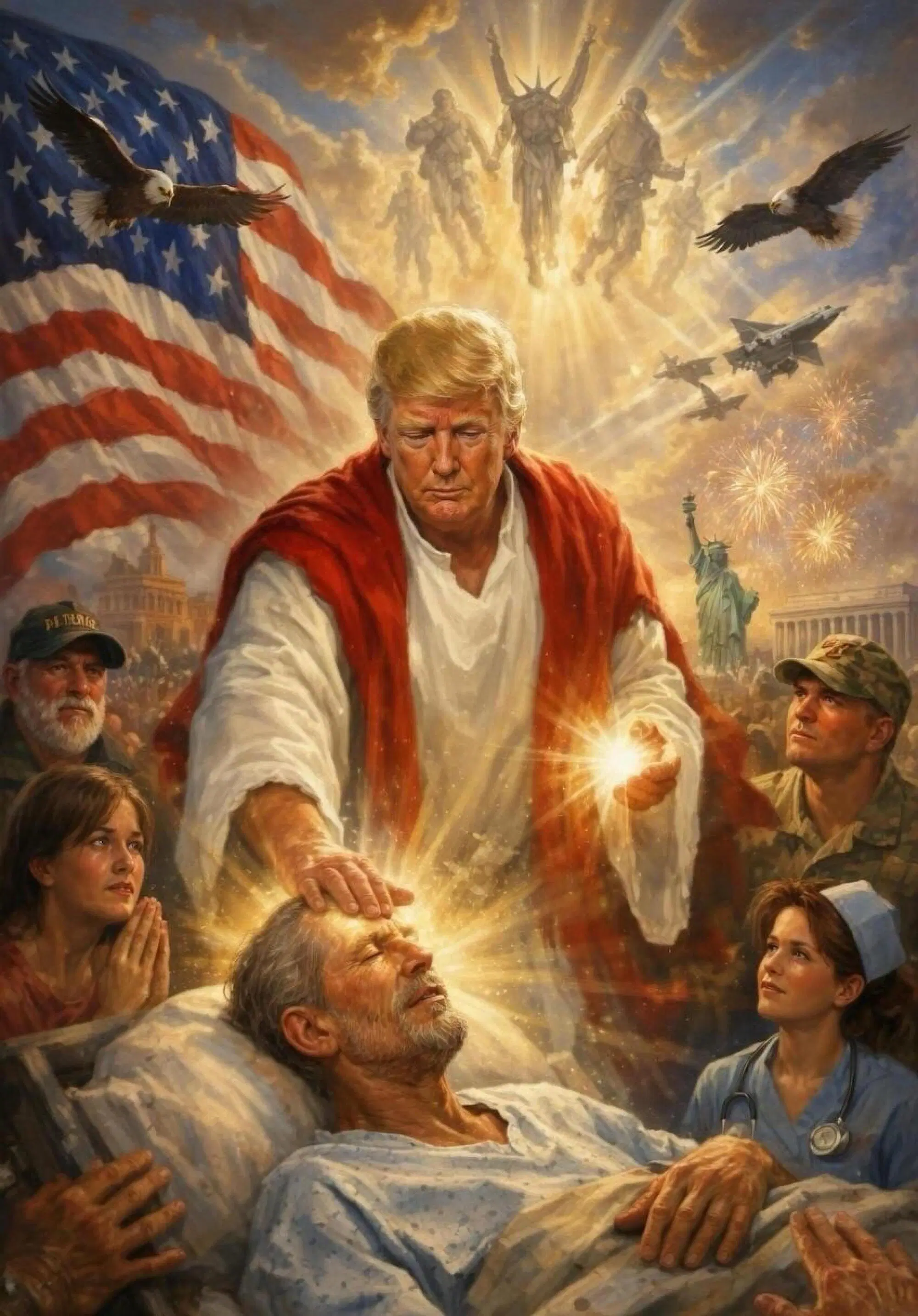 L'immagine blasfema creata con IA pubblicata da Trump, in veste di salvatore americano, su Truth