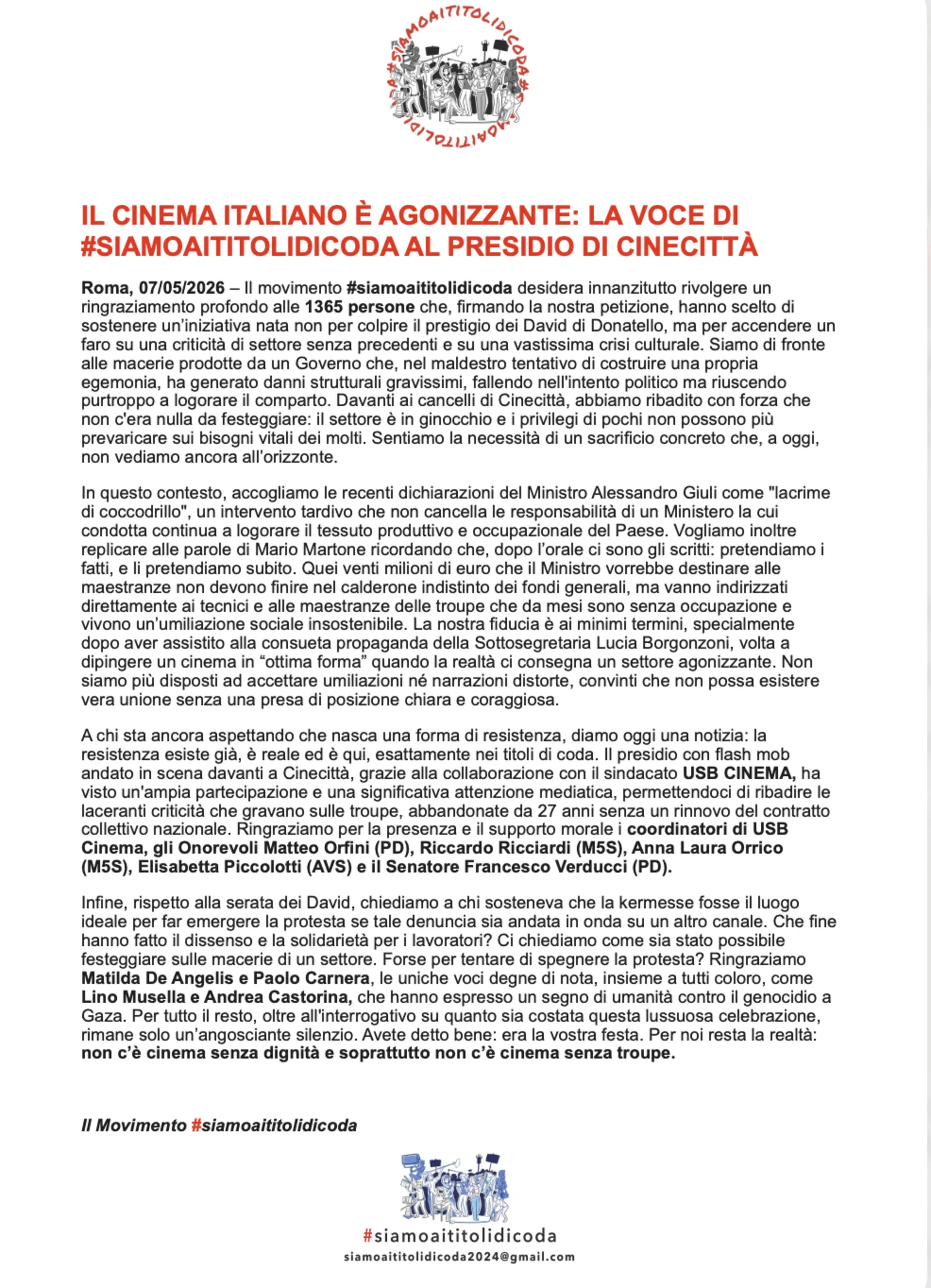 Il comunicato del movimento "Siamo ai titoli di coda"
