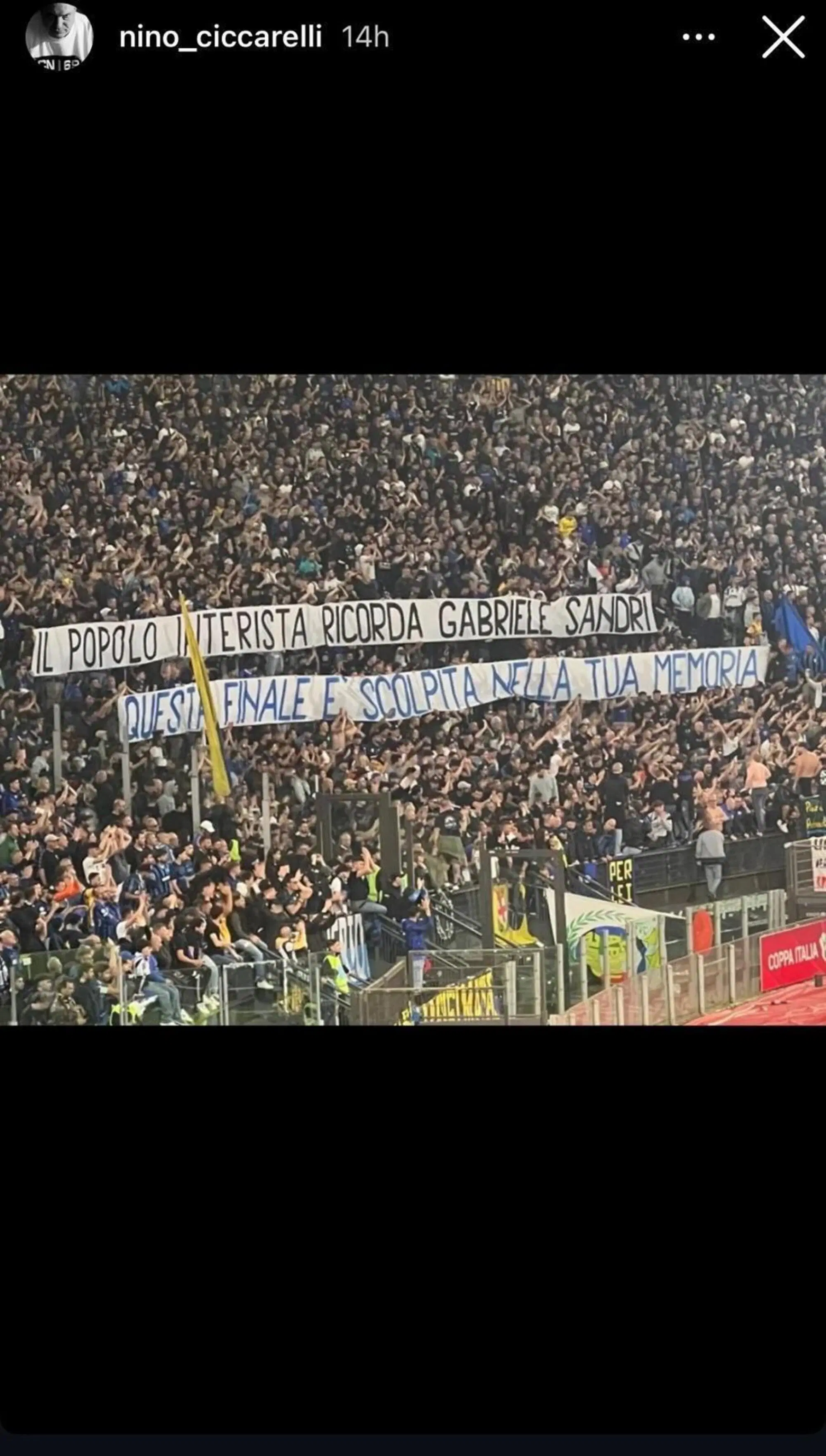 Lo striscione per Gabriele Sandri postato da Nino Ciccarelli