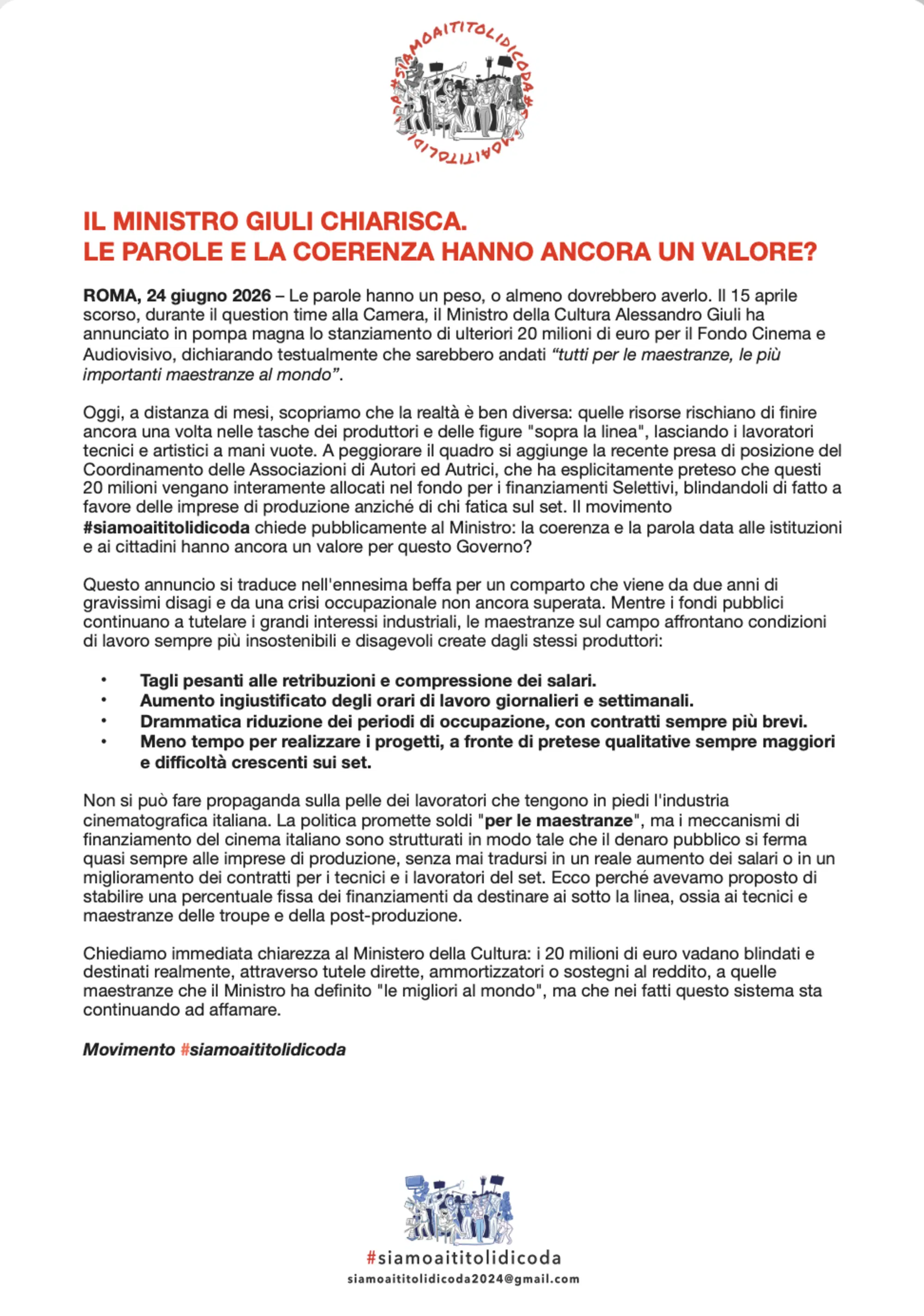 Il comunicato del movimento "Siamo ai titoli di coda"