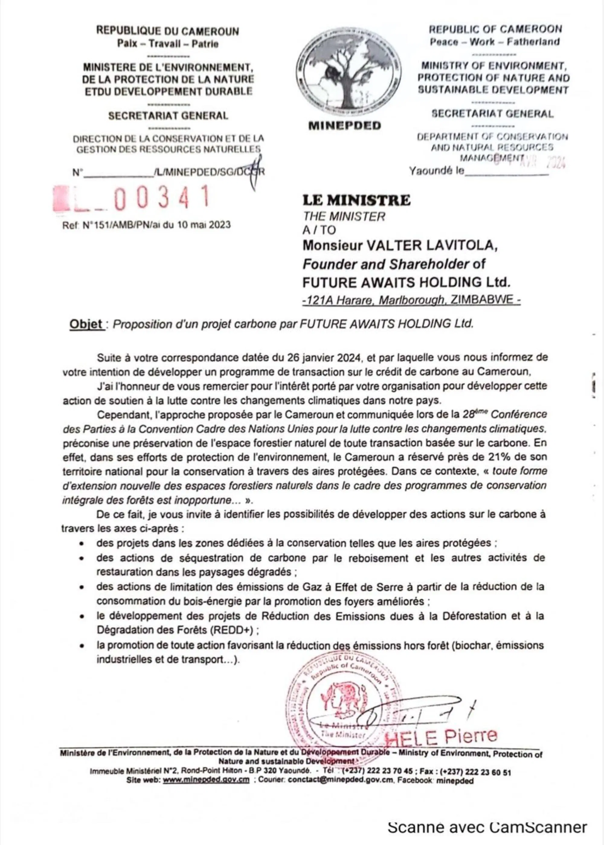 La lettera ufficiale del Ministero dell'Ambiente, della Protezione della Natura e dello Sviluppo Sostenibile del Camerun (MINEPDED), datata 2 aprile 2024 e firmata dal ministro H&eacute;l&eacute; Pierre. &Egrave; indirizzata a: &ldquo;Monsieur Valter Lavitola, Founder and Shar