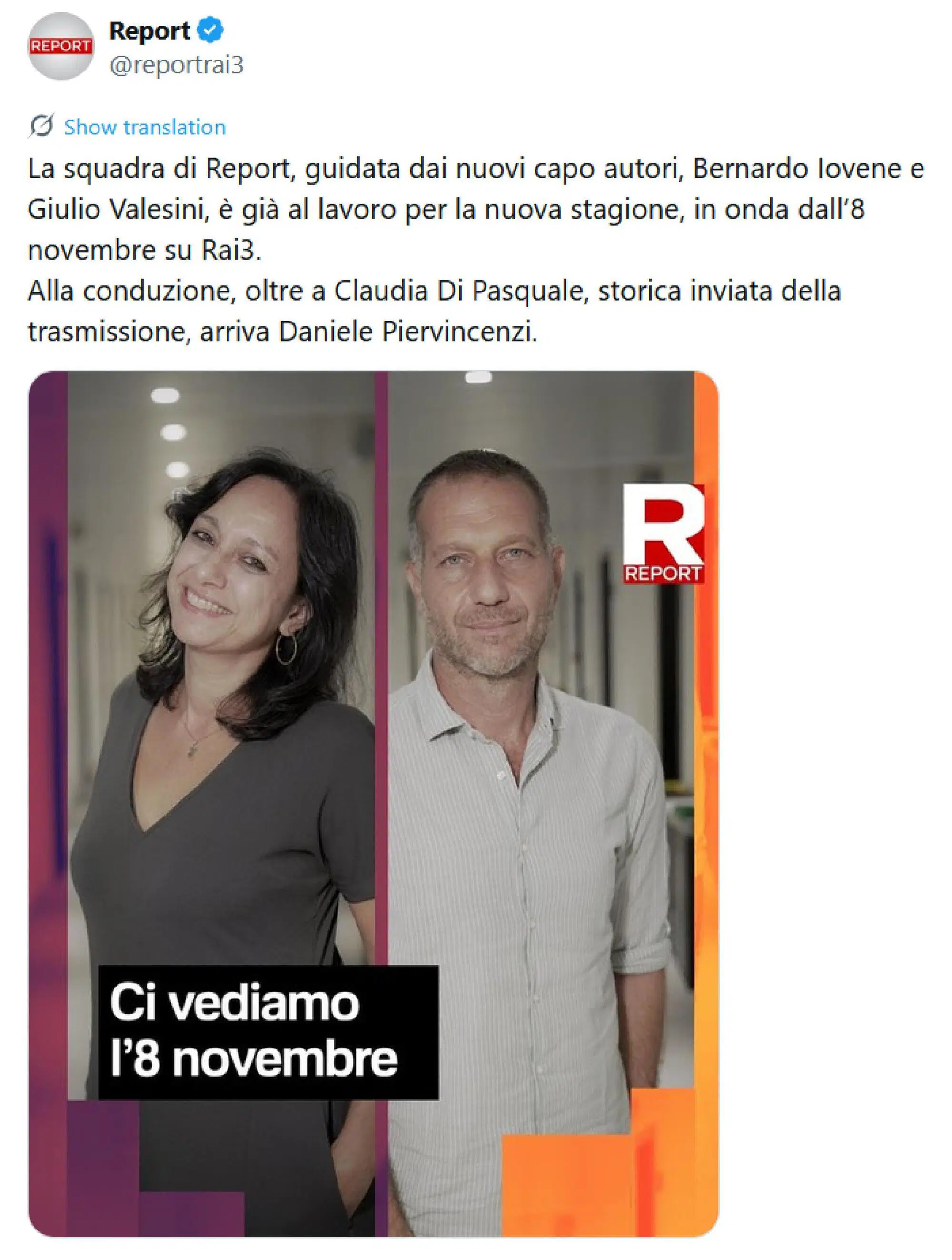 L'annuncio sulle pagine di Report dei nuovi conduttori